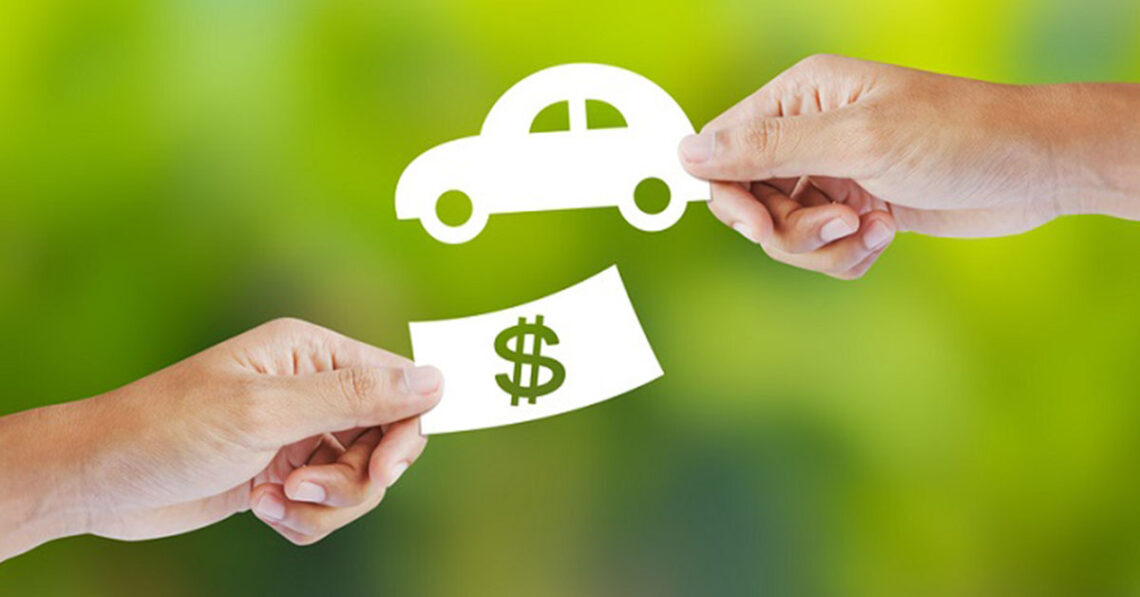 Hands exchanging 2D car and dollar, representing Ford financing